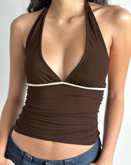 Abeth Halterneck Top in Chocolate Brown with Lemon Piping