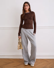 Abon Long Sleeve Top in Lace Brown with Blue Binding