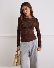 Abon Long Sleeve Top in Lace Brown with Blue Binding