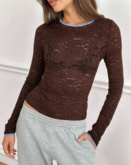 Abon Long Sleeve Top in Lace Brown with Blue Binding