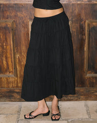 Izumi Tiered Midi Skirt in Poplin Black