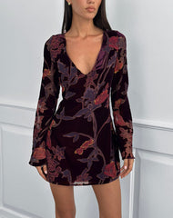 Alitra Mini Dress in Floral Devore Burgundy