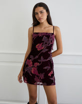 Alvana Mini Dress in Floral Devore Burgundy