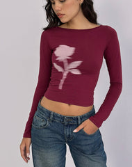 Amabon Long Sleeve Top in Burgundy Blurred Rose