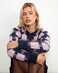 Anzio Button Up Cardigan In Multi Check Navy and Pink