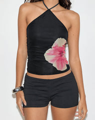 Arira Halterneck Top in Black with Pink Watercolour Flower