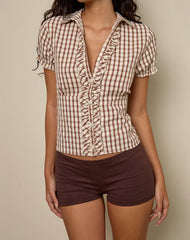 Arla V Neck Blouse in Brown Check