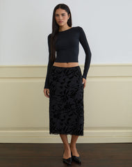Atira Midi Skirt in Flock Leaf Flower Black
