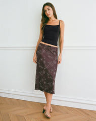 Atira Midi Skirt in Doodle Flower Flock Brown