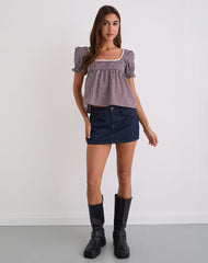 Axoni Square Neck Blouse in Mini Gingham Wine