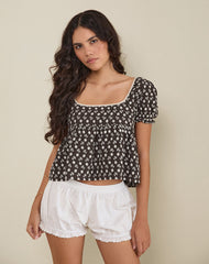 Axoni Square Neck Blouse in Floral Broderie Brown