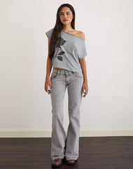 Balia Asymmetric Short Sleeve Basic Top in Grey with Blurred Rose Print