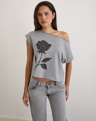 Balia Asymmetric Short Sleeve Basic Top in Grey with Blurred Rose Print