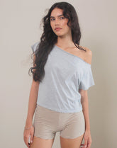Balia Asymmetric Short Sleeve Basic Top in Grey Marl