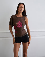 Balsa One Shoulder Top in Brown with Pink Flower Print