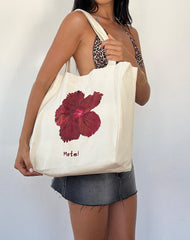 Barbara Tote Bag in Ivory with Hibiscus Print