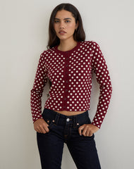 Bhavina Cardigan in Burgundy with Cream Polka Print