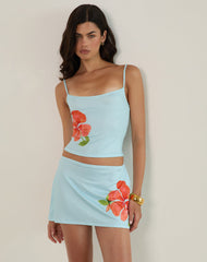 Nisrin Mini Skirt in Blue with Orange Flower