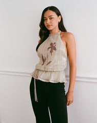 Brienne Top in Light Gold Shimmer with Slim Flower Print