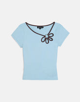 Bunga Flower Cut Out Top in Nantucket Blue with Chocolate Binding