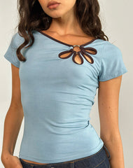 Bunga Flower Cut Out Top in Nantucket Blue with Chocolate Binding