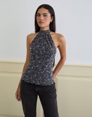Burkie Halterneck Top in Pretty Petal Flock Dark Grey