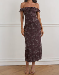 Catrin Midi Dress in Doodle Flower Flock Brown