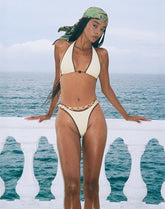 Cerry Bikini Top with Beads in Ivory with Brown Binding