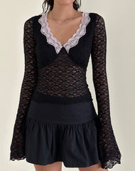 Chantal Lace Top in Black with Pink Trim