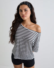 Daman Off Shoulder Basic Top in Ivory with Charcoal Stripe