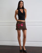 Davia Mini Skirt in Brown with Pink Flower Print
