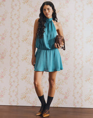 Davina Mini Dress in Stripe Satin Teal