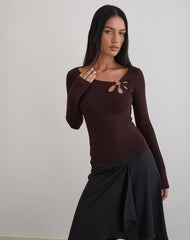 Donela Long Sleeve Top with Flower Ring in Bitter Chocolate