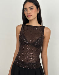 Dudley Vest Top in Sequin Knit Coffee