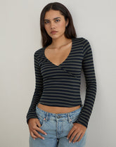 Dulcet Ribbed Plunge Top in Classic Striped Navy and Grey