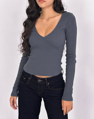 Dulcet Ribbed Plunge Long Sleeve Top in Blue Granite