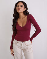 Dulcet Ribbed Plunge Long Sleeve Top in Burgundy