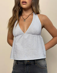 Eldana Halter Top in Mini Gingham Blue and Grey