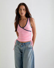 Laird Wrap Top in Ballet Pink with Navy Binding