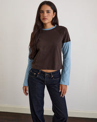 Enid Layered T-Shirt in Chocolate Brown and Light Blue