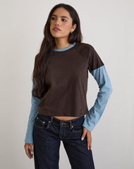 Enid Layered T-Shirt in Chocolate Brown and Light Blue