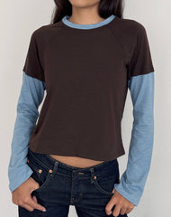 Enid Layered T-Shirt in Chocolate Brown and Light Blue