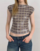 Erica Top in Sequin Vintage Check Brown