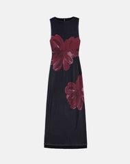 Fayola Maxi Dress In Black with Burgundy Watercolour Flower