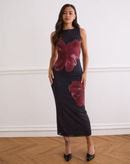 Fayola Maxi Dress In Black with Burgundy Watercolour Flower
