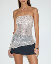 Gentaya Frill Bandeau Top in Neutral Sequin