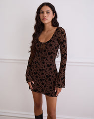 Gizio Long Sleeve Mini Dress in Garden Floral Brown