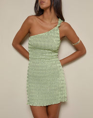 Idarius One Shoulder Mini Dress in Stripe Textured Mesh Mint