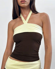 Inrida Halterneck Top in Chocolate Brown and Lemon