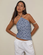 Janisa Halterneck Top in Blue Striped Flowers